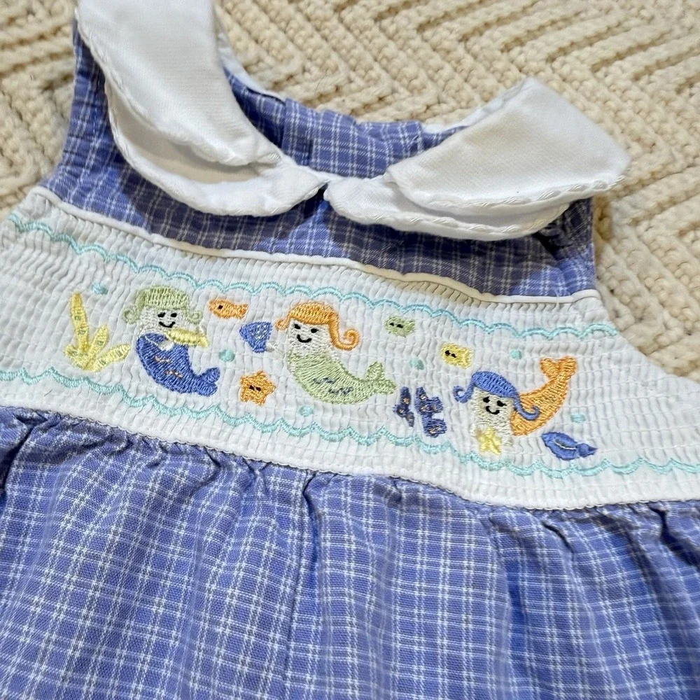 First Moments Romper‎ Baby Girl 3-6 Month Smocked Mermaids Sleeveless Plaid VTG